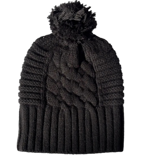 UP for ANYTHING 100% Pure Merino Wool Jumbo Cable & Fancy Rib Beanie with detachable Merino Wool Pom Pom, Jett Black