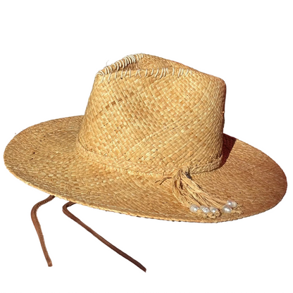 Dive for IT, Handwoven Pure Raffia Fibre Hat with Genuine Fresh Water Pearls and Leather Chinstraps - UPF 50+