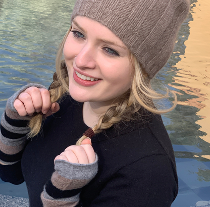 Hand on HEART 100% Pure Cashmere Fingerless Glove, Stripe Toast