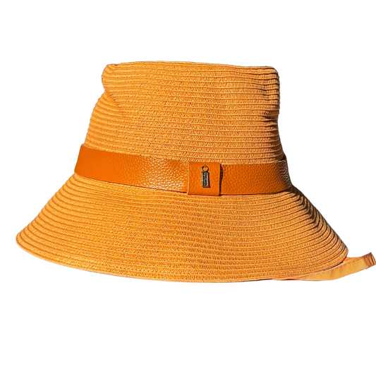Just Cruising Feeling Peachy paper ribbon sun hat with tonal leather trim and adjustable grosgrain chinstrap.