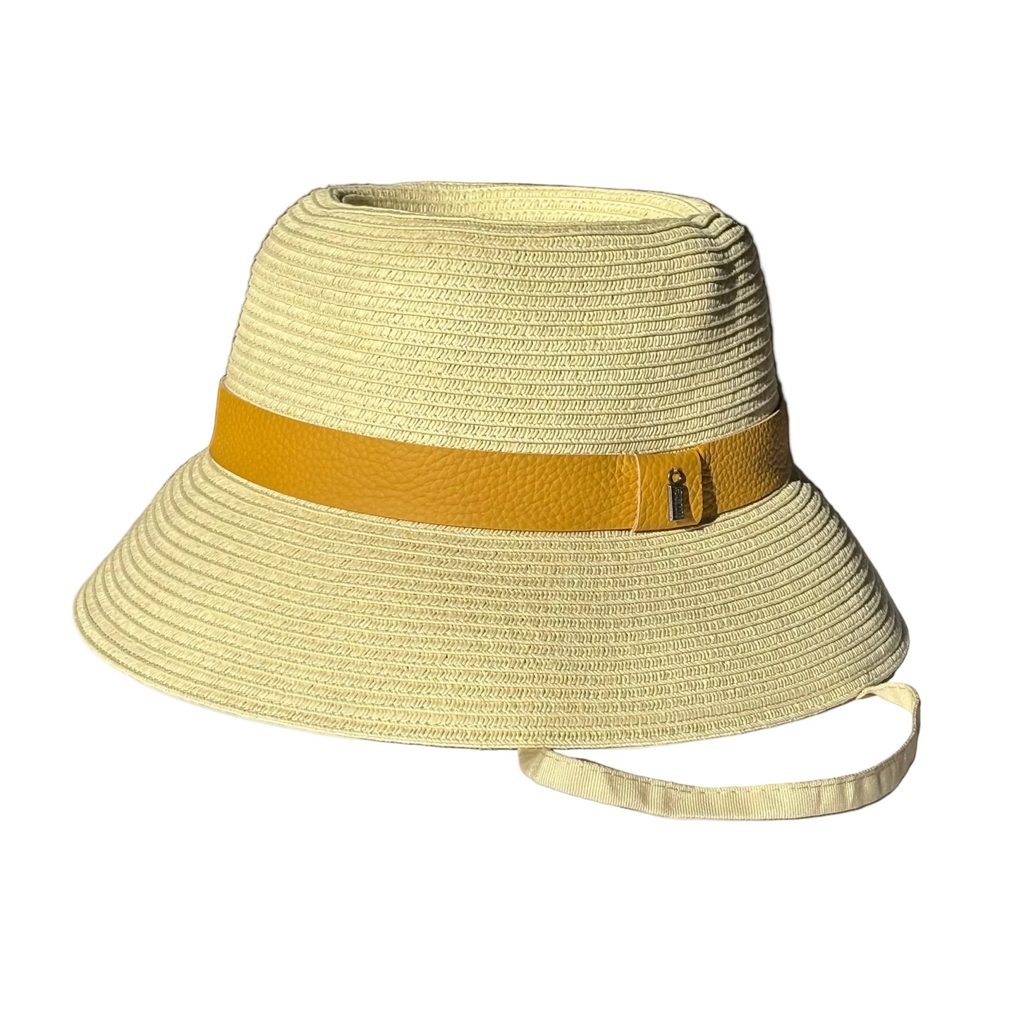 Just Cruising Naturally paper ribbon sun hat with tonal leather trim and adjustable grosgrain chinstrap.
