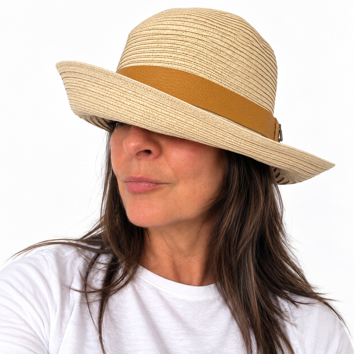 Just Cruising Naturally paper ribbon sun hat worn with the brim down for a relaxed look and extra coverage.