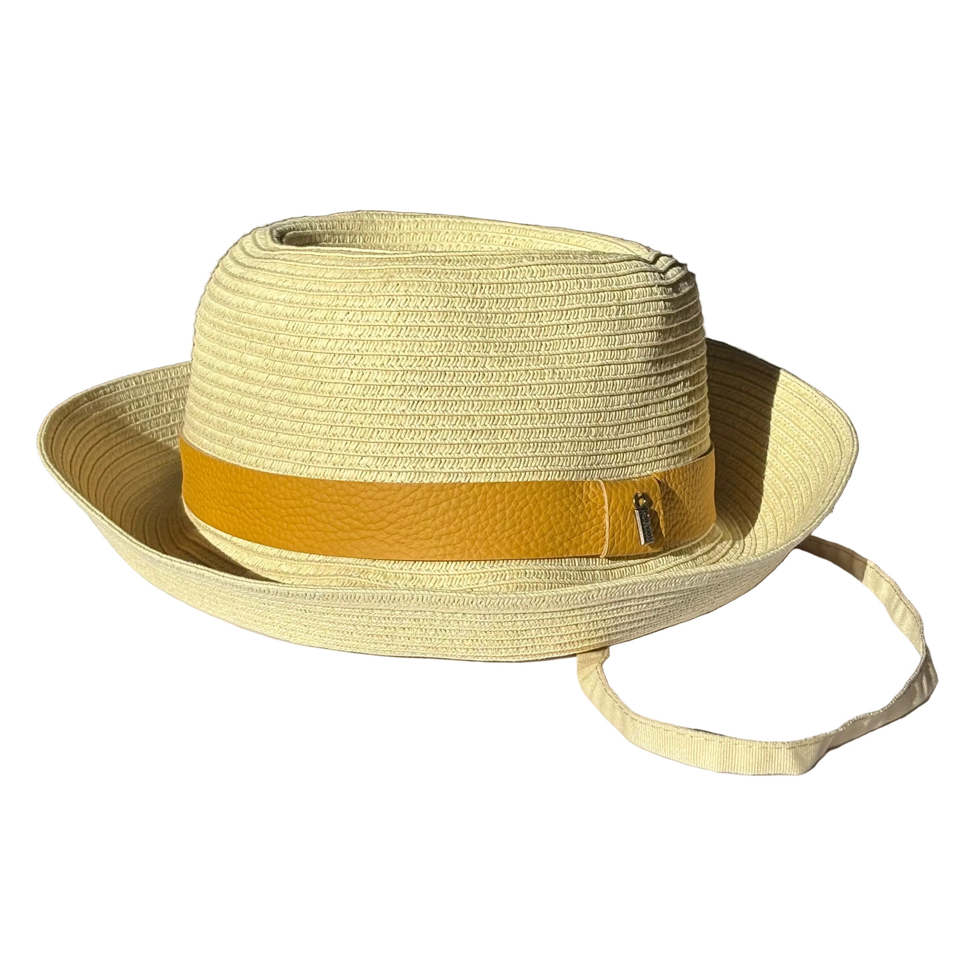 Just Cruising Naturally sun hat showing the paper ribbon weave, shaped brim and leather band.
