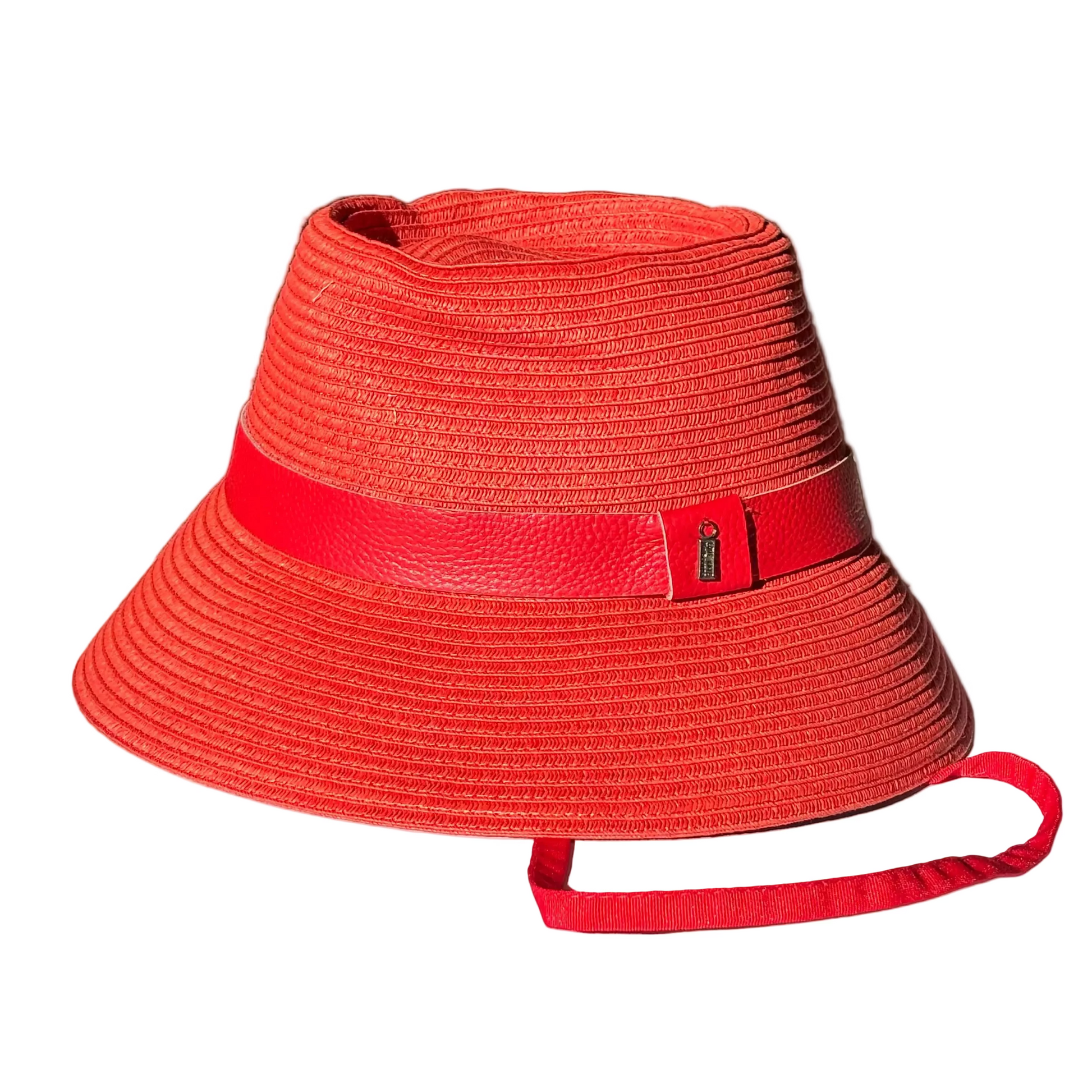 Just Cruising So Racy red paper ribbon sun hat with tonal leather trim and adjustable grosgrain chinstrap.
