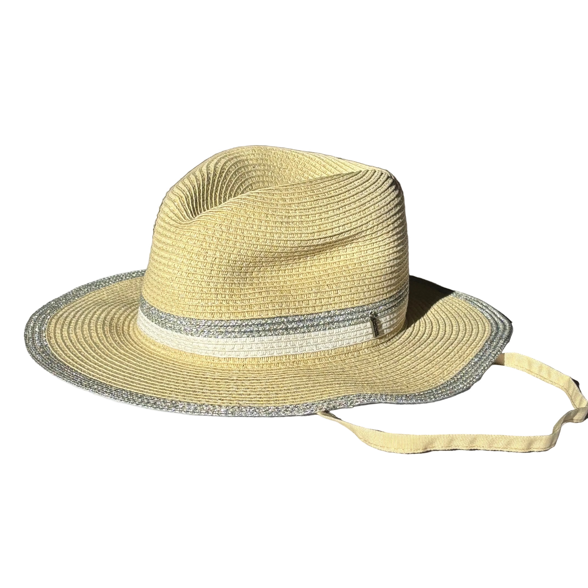Silver Lining metallic paper ribbon sun hat with silver thread detail and natural grosgrain chinstrap.