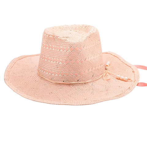 SUN-KISSED, Handwoven Entwined Fine Paper and Ramie Hat with Six Genuine Freshwater Pearls - BLUSH