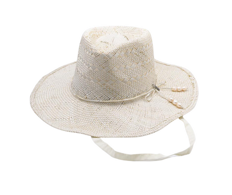 SUN-KISSED, Handwoven Entwined Fine Paper and Ramie Hat with Six Genuine Freshwater Pearls - CREAM