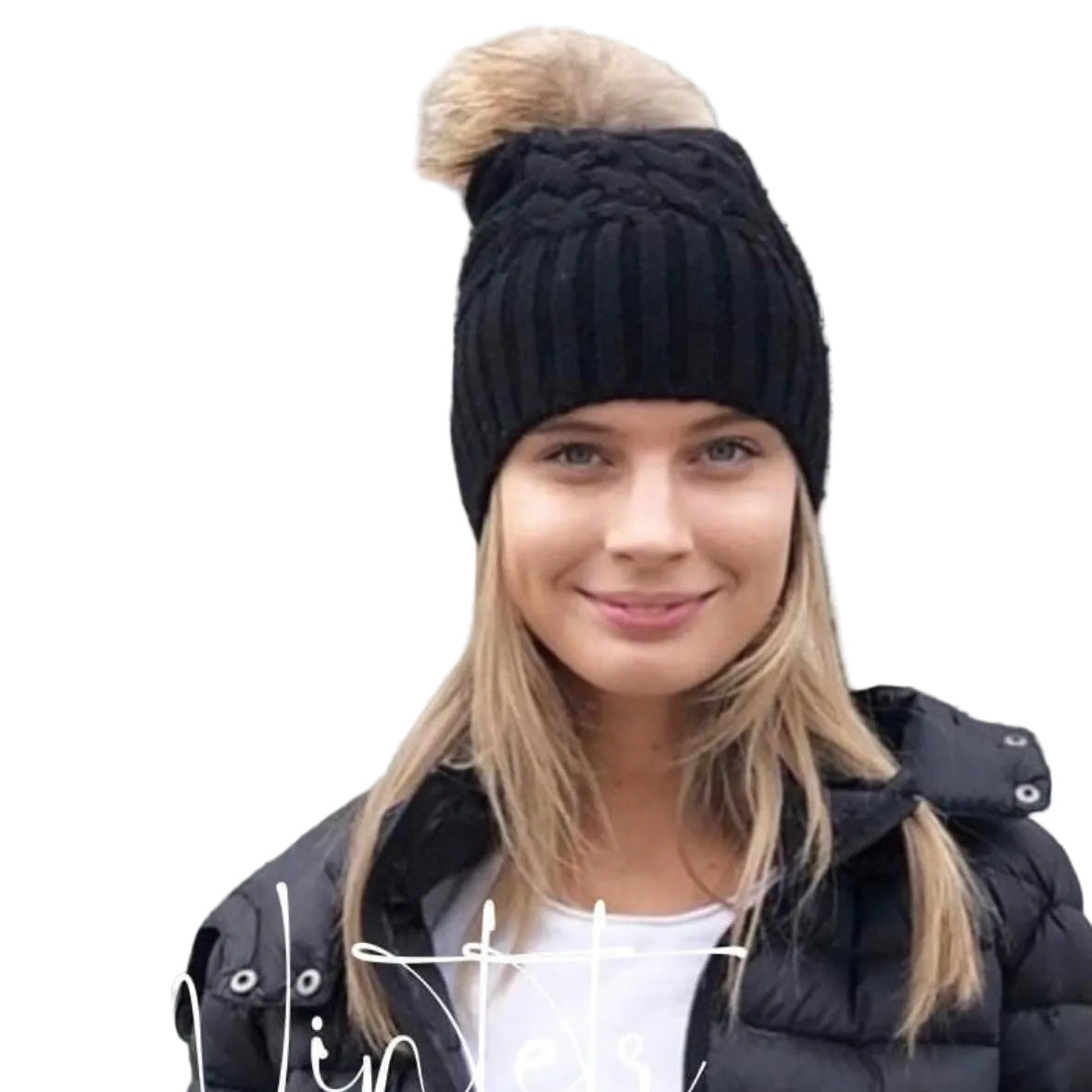UP for ANYTHING 100% Pure Merino Wool Jumbo Cable & Fancy Rib Beanie with detachable Raccoon Fur Pom Pom, Jett Black