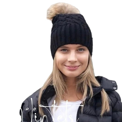 UP for ANYTHING 100% Pure Merino Wool Jumbo Cable & Fancy Rib Beanie with detachable Raccoon Fur Pom Pom, Licorice