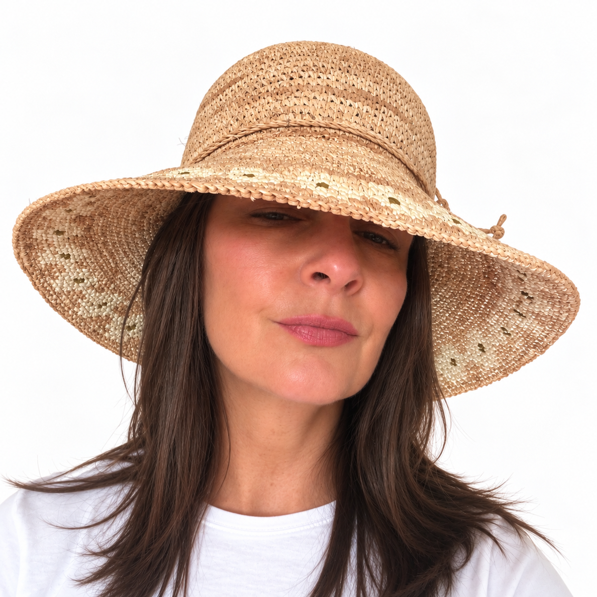 She loves me, he loves me handwoven raffia fibre hat worn by brunette