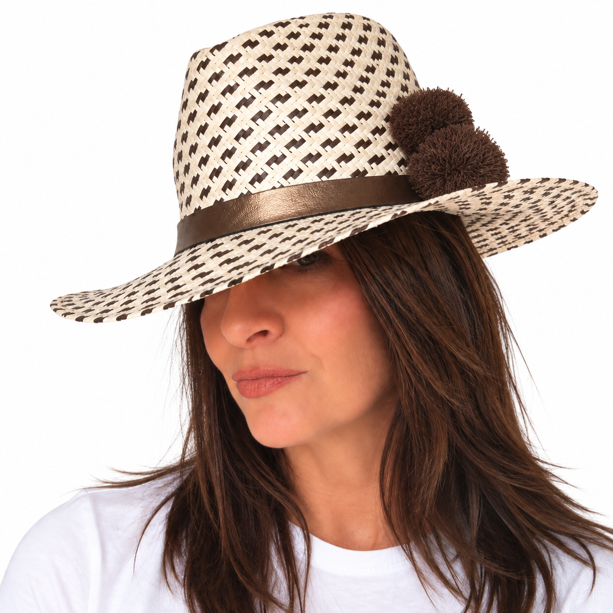 Studley lark handwoven paper hat with metallic leather band and handwoven raffia pom poms