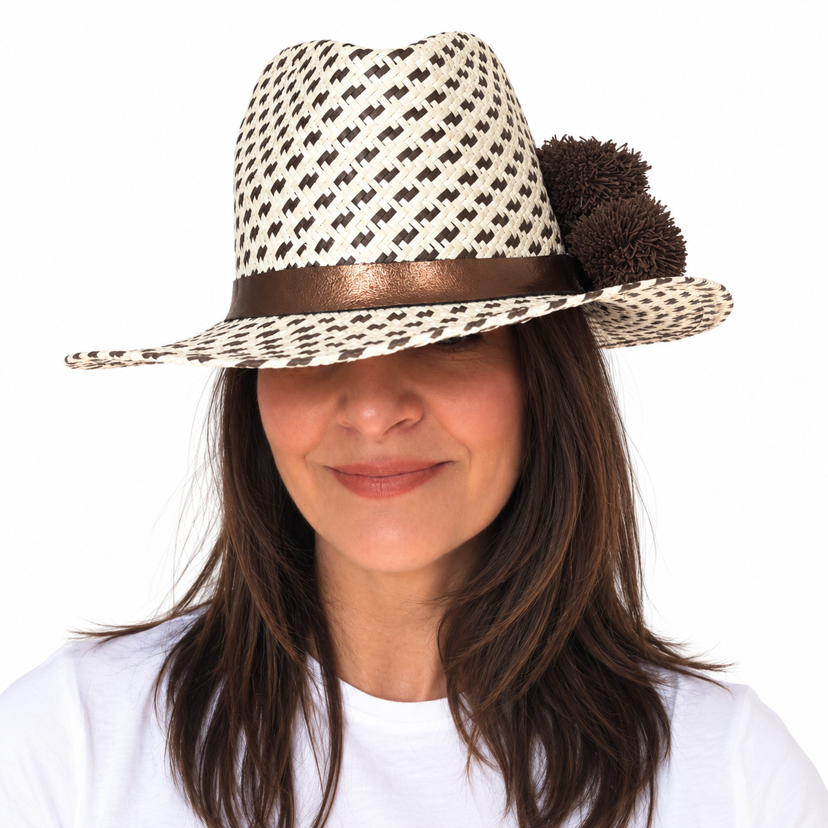 Studley lark handwoven paper hat with metallic leather band and handwoven raffia pom poms front on 