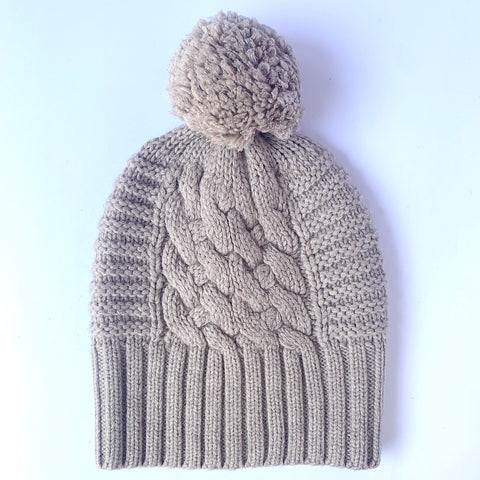 UP for ANYTHING 100% Pure Merino Wool Jumbo Cable & Fancy Rib Beanie with detachable Merino Wool Pom Pom, Biscuit