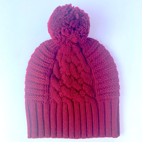 UP for ANYTHING 100% Pure Merino Wool Jumbo Cable & Fancy Rib Beanie with detachable Merino Wool Pom Pom, Classic Car Red