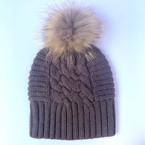 UP for ANYTHING 100% Pure Merino Wool Jumbo Cable & Fancy Rib Beanie with detachable Raccoon Fur Pom Pom, Charlie Brown