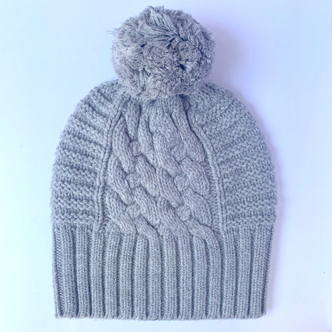 UP for ANYTHING 100% Pure Merino Wool Jumbo Cable & Fancy Rib Beanie with detachable Merino Wool Pom Pom, Dove Grey