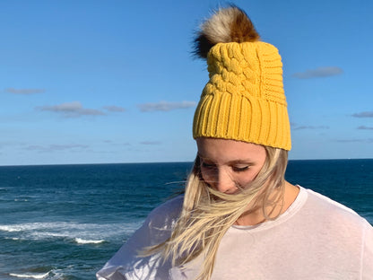 UP for ANYTHING 100% Pure Merino Wool Jumbo Cable & Fancy Rib Beanie with detachable Raccoon Fur Pom Pom, Old Gold