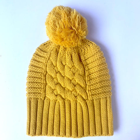 UP for ANYTHING 100% Pure Merino Wool Jumbo Cable & Fancy Rib Beanie with detachable Merino Wool Pom Pom, Old Gold
