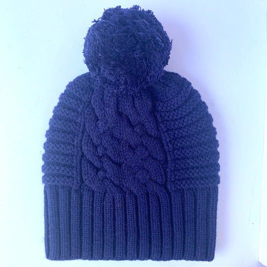 UP for ANYTHING 100% Pure Merino Wool Jumbo Cable & Fancy Rib Beanie with detachable Merino Wool Pom Pom, Dark Denim Blue