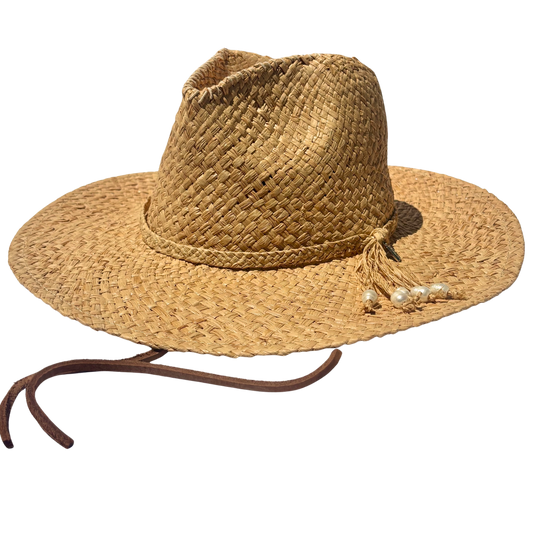 Dive for IT, Handwoven Pure Raffia Fibre Hat with genuine Fresh Water Pearls and Leather Chinstraps - UPF 50+