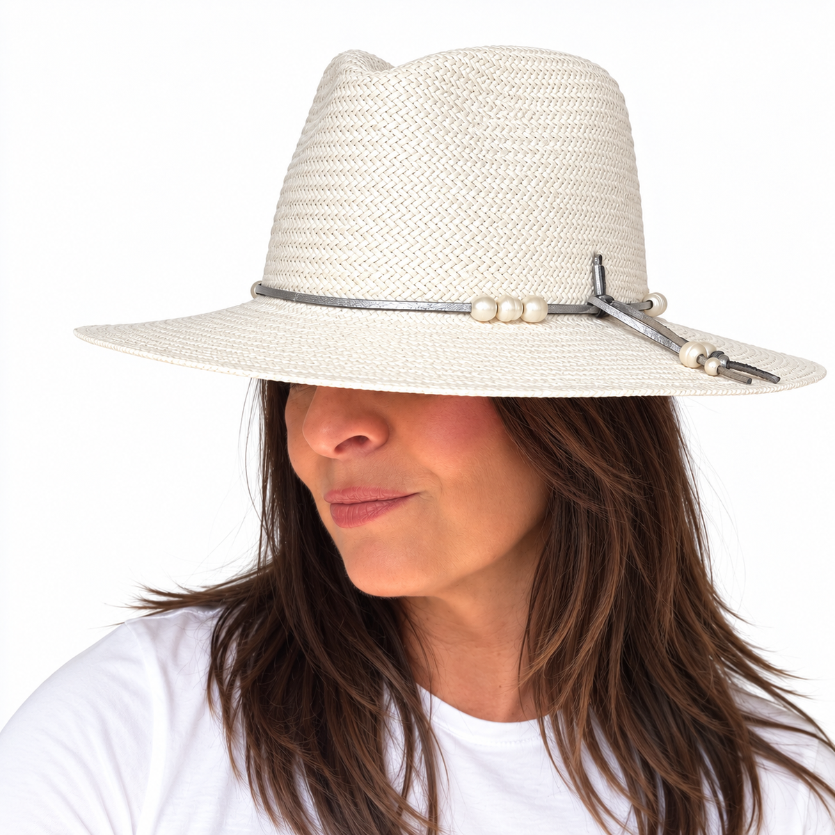 island luxe deluxe handwoven waxed paper ribbon hat with freshwater pearls side view
