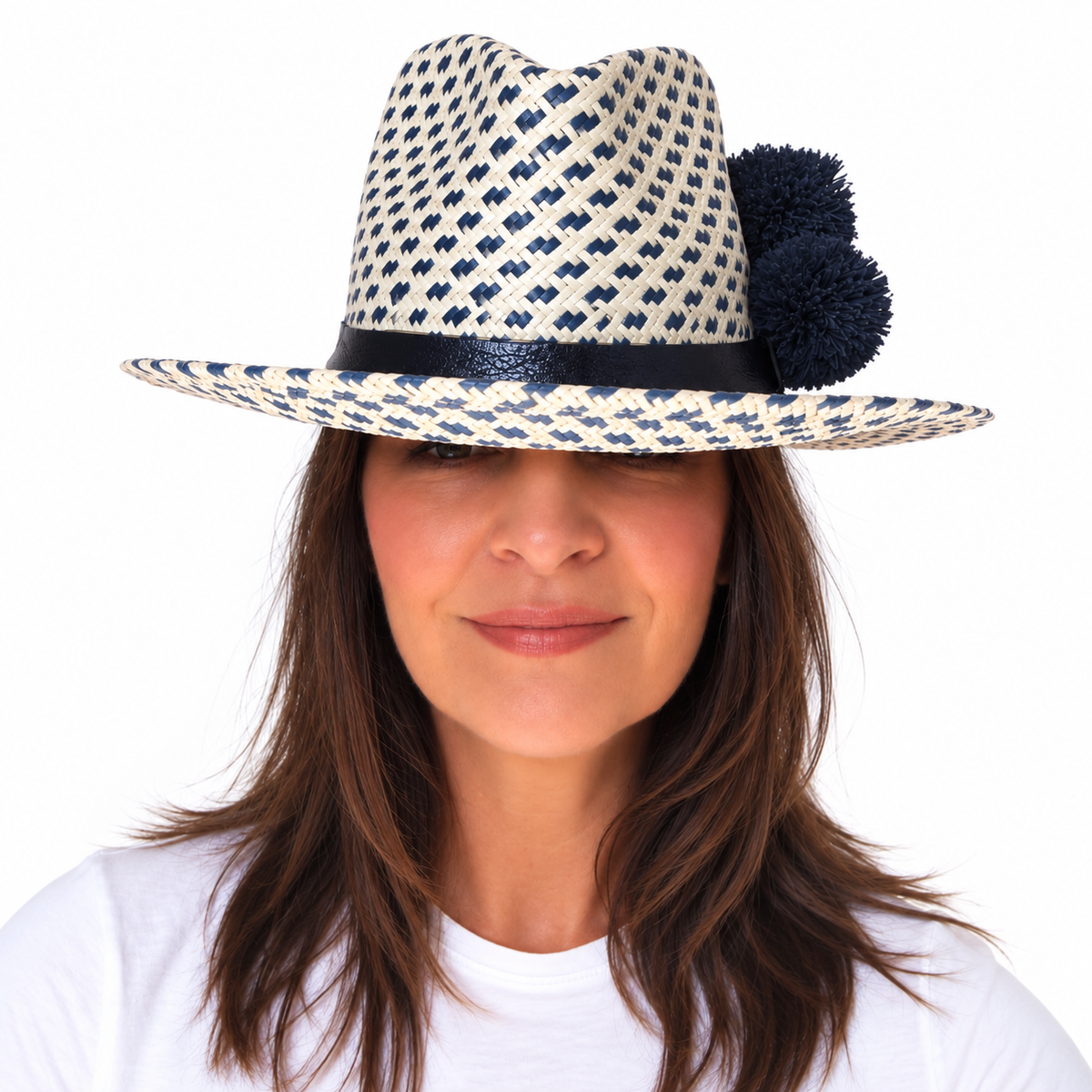 out of the blue handwoven paper ribbon hat with genuine leather band and raffia pom poms 