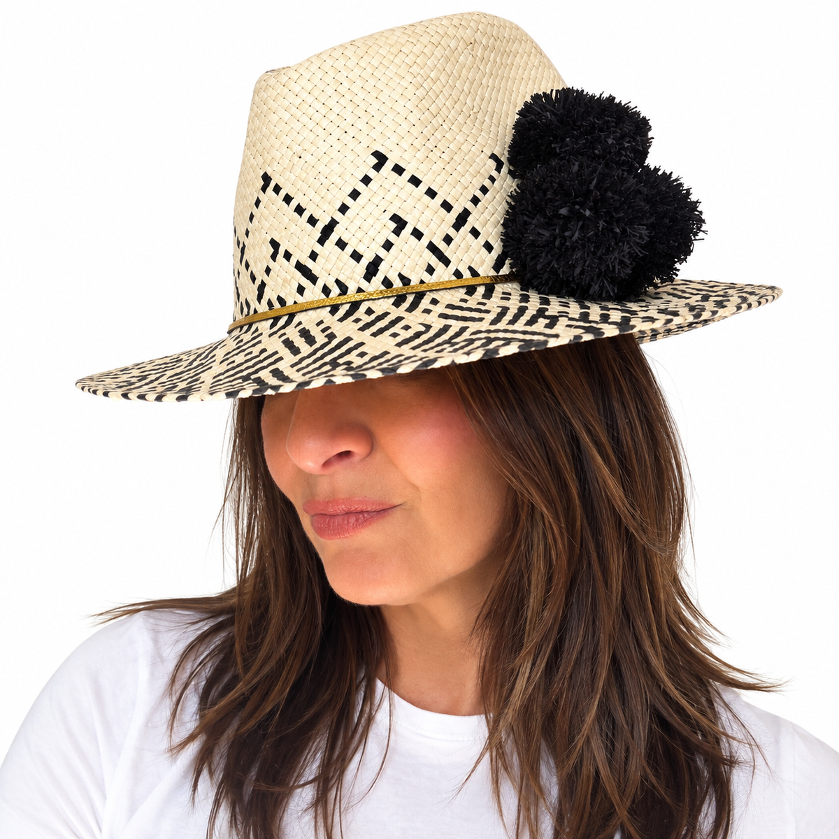 That's gold handwoven paper ribbon hat with gold leather band and handmade raffia pom poms