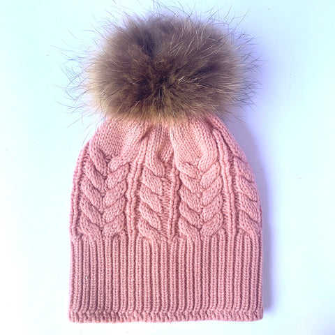Absolutely, I'M in!  100% Pure Merino Wool Jumbo Cable Beanie with detachable Raccoon Fur Pom Pom, Crumble