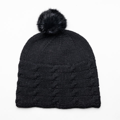 ALL SET!  100% Pure Wool Fancy Cable Beanie (convertible) - Jett Black
