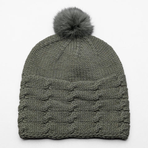 ALL SET!  100% Pure Wool Fancy Cable Beanie (convertible) - Martini Olive
