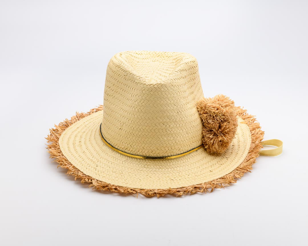 HAPPY on the Fringe, Handwoven Paper Hat - Natural/ Gold UPF 50+