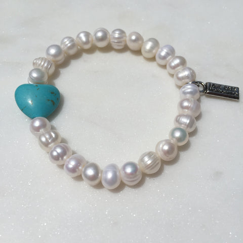 Fresh Water Pearl and Blue Heart Stretch Bracelet