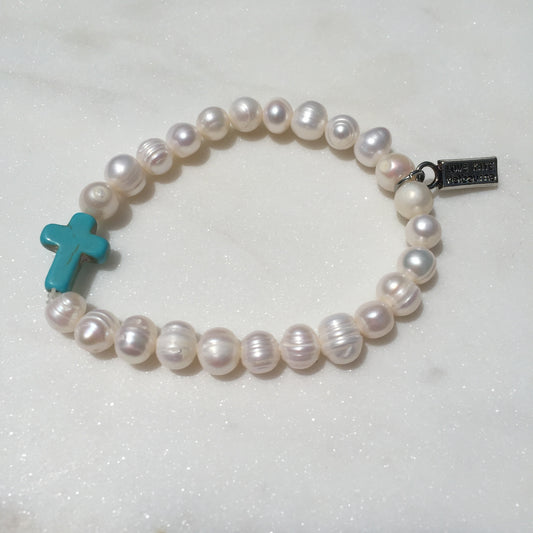 Fresh Water Pearl and Blue Small Cross Stretch Bracelet