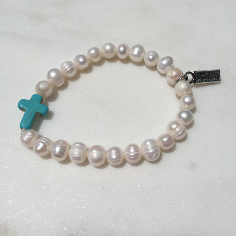 Fresh Water Pearl and Blue Cross Stretch Bracelet