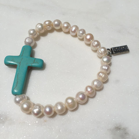 Fresh Water Pearl and Blue Large Cross Stretch Bracelet