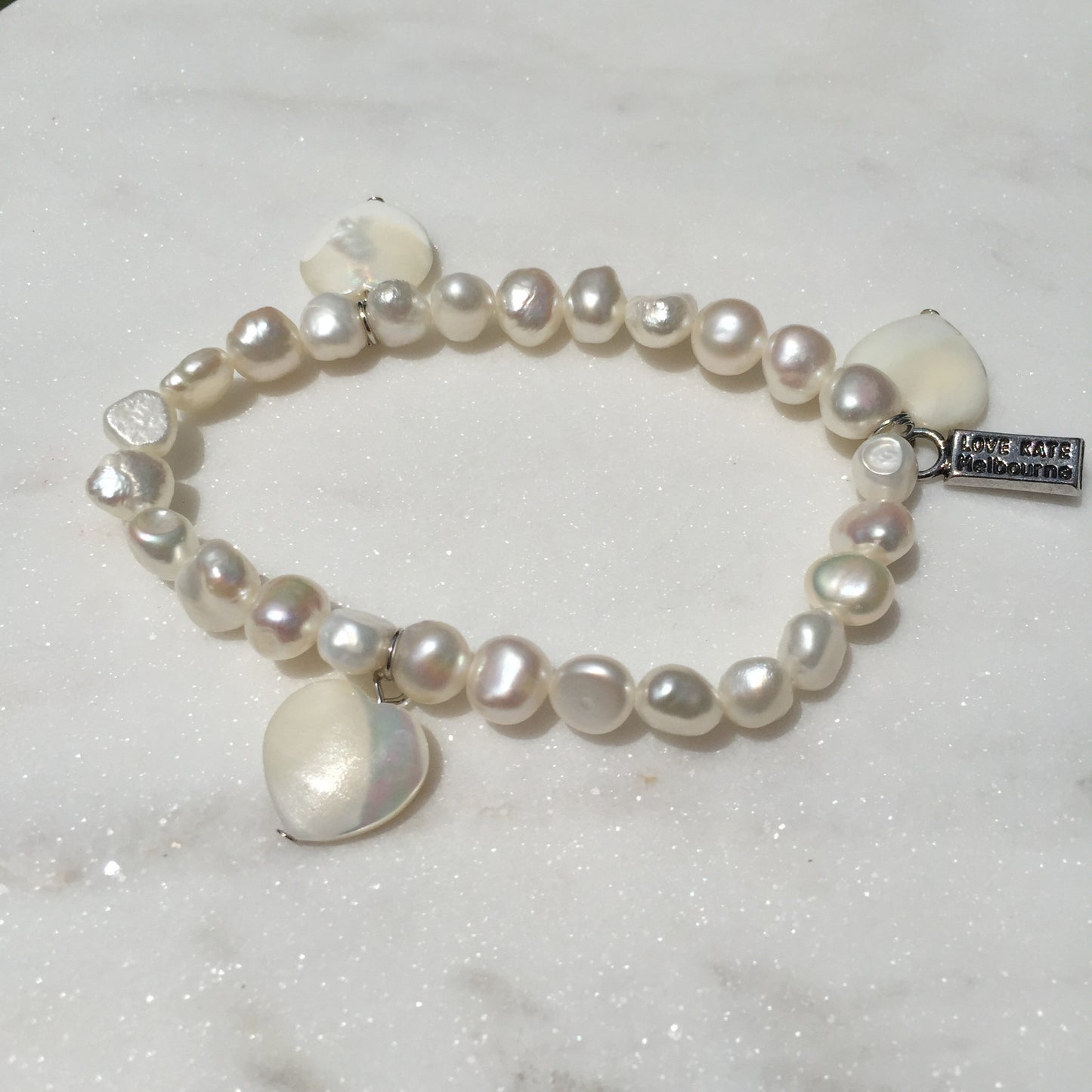 Fresh Water Pearl and Trio Natural Seashell Hearts Charm Stretch Bracelet