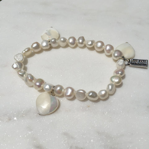 Fresh Water Pearl and Trio Natural Seashell Hearts Charm Stretch Bracelet
