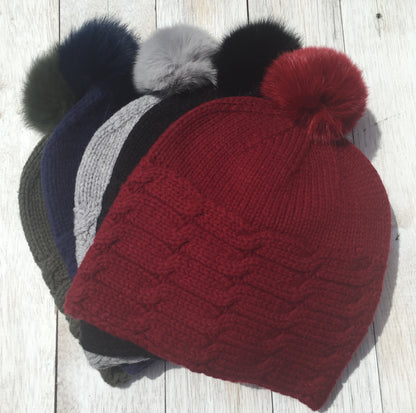 ALL SET!  100% Pure Wool Fancy Cable Beanie (convertible) - Classic Car Red