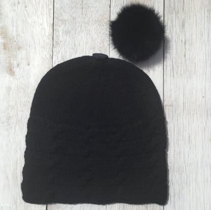 ALL SET!  100% Pure Wool Fancy Cable Beanie (convertible) - Jett Black