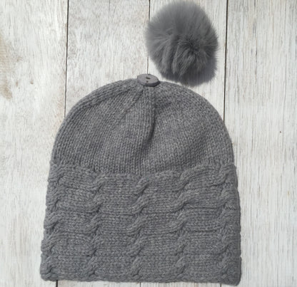 ALL SET!  100% Pure Wool Fancy Cable Beanie (convertible) - Dove Grey