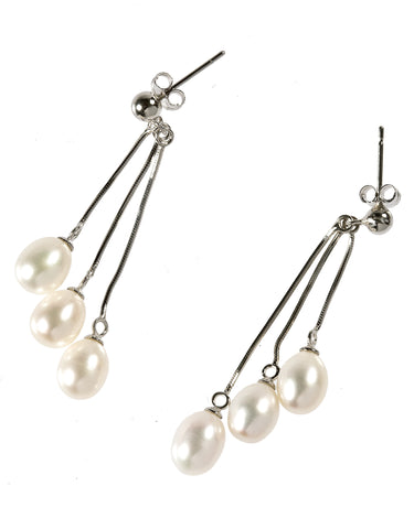 Trio White Fresh Water Pearl and 925 Sterling Silver Snake Chain Post Earrings