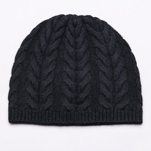 PERCY 100% Pure Cashmere Classic Cable Beanie, Jett Black
