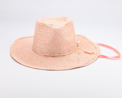 SUN-KISSED, Handwoven Entwined Fine Paper and Ramie Hat with Six Genuine Freshwater Pearls - BLUSH