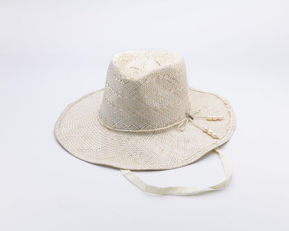 SUN-KISSED, Handwoven Entwined Fine Paper and Ramie Hat with Six Genuine Freshwater Pearls - CREAM