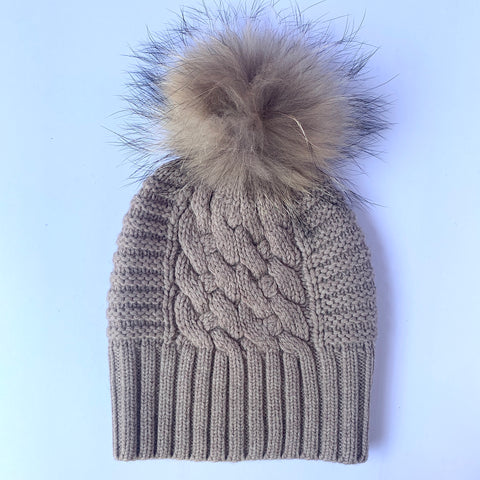 UP for ANYTHING 100% Pure Merino Wool Jumbo Cable & Fancy Rib Beanie with detachable Raccoon Fur Pom Pom, Biscuit