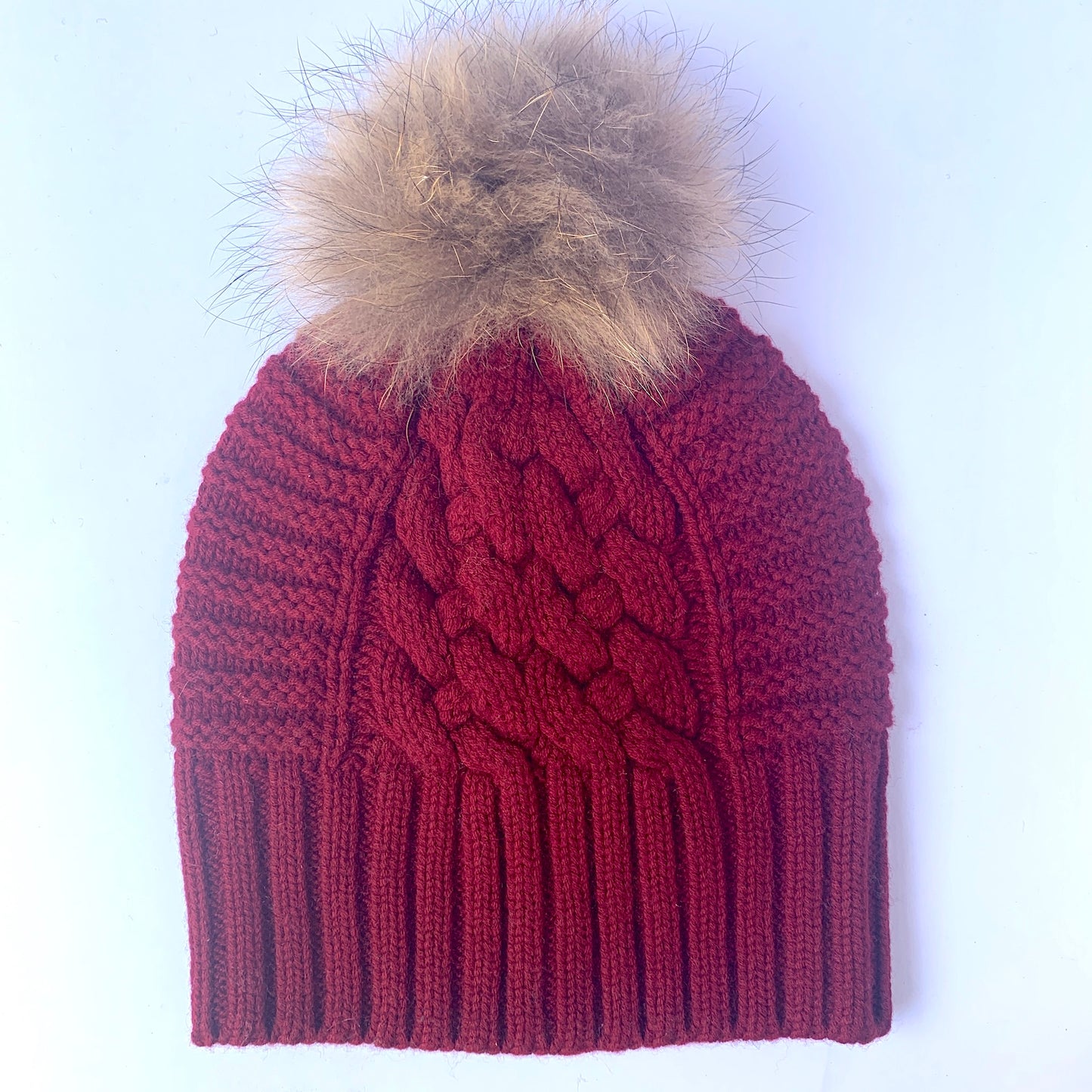 UP for ANYTHING 100% Pure Merino Wool Jumbo Cable & Fancy Rib Beanie with detachable Raccoon Fur Pom Pom, Classic Car Red