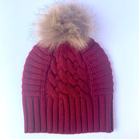 UP for ANYTHING 100% Pure Merino Wool Jumbo Cable & Fancy Rib Beanie with detachable Raccoon Fur Pom Pom, Classic Car Red