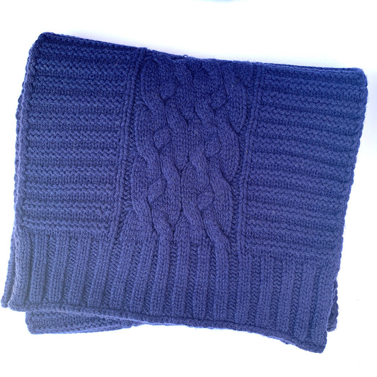 UP for ANYTHING!  100% Pure Merino Wool Jumbo Cable & Fancy Rib Knit Scarf, Dark Denim Blue