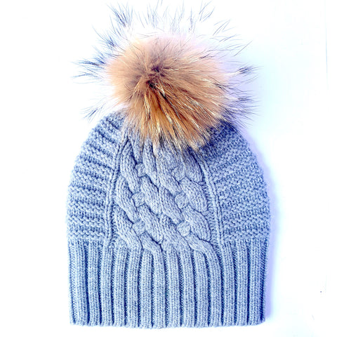 UP for ANYTHING 100% Pure Merino Wool Jumbo Cable & Fancy Rib Beanie with detachable Raccoon Fur Pom Pom, Dove Grey