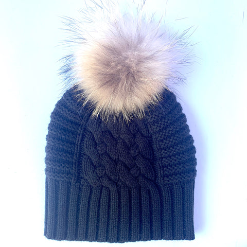 UP for ANYTHING 100% Pure Merino Wool Jumbo Cable & Fancy Rib Beanie with detachable Raccoon Fur Pom Pom, Licorice